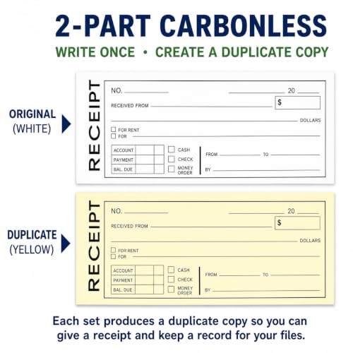 PitLite Money & Rent Receipt Book 2-Part Carbonless, 50 Sets for Landlords & Small Biz