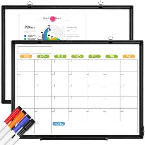 Dry Erase Calendar Whiteboard for Wall, 24" x 18" Magnetic Monthly White Board Calendar with Black Aluminum Frame, Double-Sided Hanging Dry Erase Board for Office, Home, School