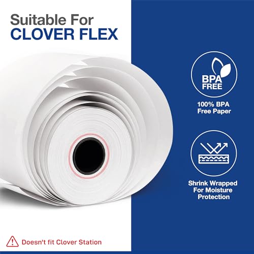 Clover Flex Paper Rolls - 50 Rolls - 2 1/4'¡¯ x 50¡¯- 48 GSM - Clover Flex Receipt Paper Compatible for C401, C403, C405 and C406 POS Machines - BPA Free Material