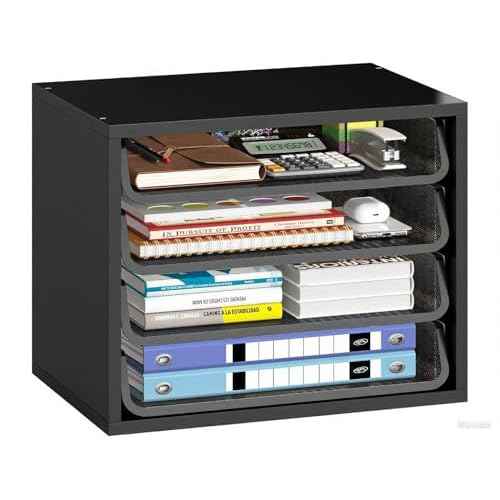 Simple Trending Desk File Organizers, 4-Tier Letter Tray Paper Organizer with File Holder, Wooden Paper Sorter for Office Supplies, Black