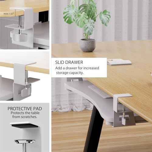 Desktop Keyboard Tray, Under Desk Pull Out,25.59" X 11.81" Large Size Radian Keyboard Tray with C-Clip Mount, Easy Installation, Computer Keyboard Stand, for Home Study and Office(White)