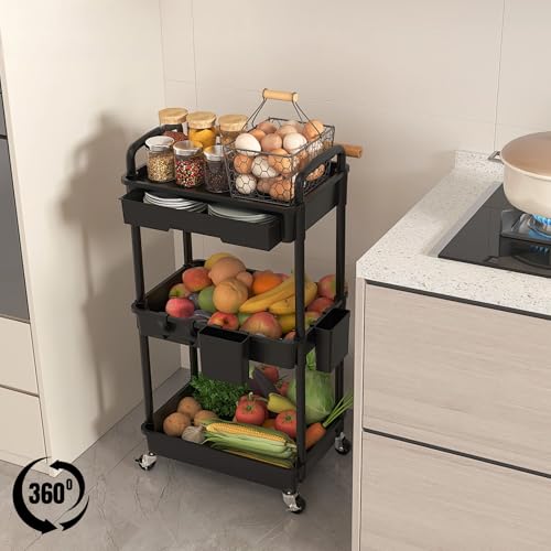 3 Tier Rolling Utility Cart with Drawer, Plastic Storage Organizer Rolling Carts with Wheels Handles Hanging Cups Hooks for Office, Bathroom, Kitchen,Craft Art Room (Black)