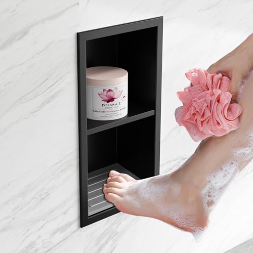 Shower Foot Rest for Shaving Legs, 304 Stainless Steel Footrest Niche with Shaving Holder, Recessed Shower Niche for Shaving Legs, Matte Black, 5.9" X 12.3"