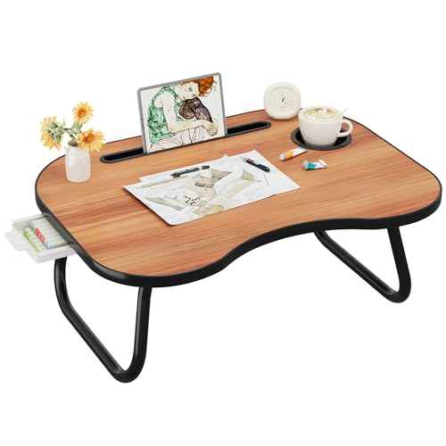 Lap Desk for Laptop Bed Trays for Eating and Laptops Breakfast in Bed Laptop Stand TV Trays for Bed with Cup Holder/Drawer for Sofa/Couch Portable Foldable (Black Walnut, L(23¡¿16")+Drawer)