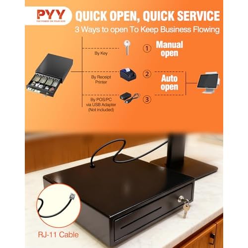 PYY Cash Drawer - 4 Bill & 5 Coin Slots Electronic Cash Register Drawer with 2 Keys for Lock and Removable Cash Tray, Auto Open Money Drawer with RJ11 Cable for POS Systems, for Small Business Retail