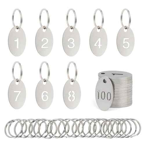Oval Number Tags with Rings, 304 Stainless Steel Key ID Tag, Metal Numbers Keychain Tag Labels - 1 to 100