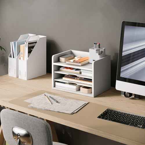 Ballucci File Organizer, 4-Tier Office Desk Organizer, Open Top Wood Paper Organizer for Classroom, Desktop Mail Sorter Paper Tray, White