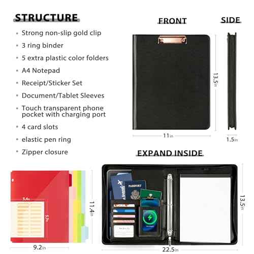 Leather Clipboard with Storage, Zippered Padfolio Portfolio Organizer, 3 Ring Binder 1 Inch, Notepad, Tablet Sleeve, 5 Dividers with Pocket, Stickets for Office, Nurses, Students, Teachers Black