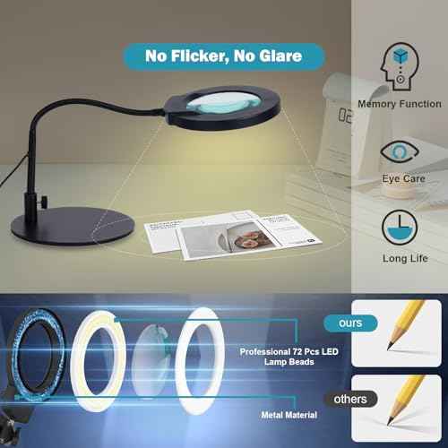 10X Magnifying Glass with Light and Stand, 4.3" Real Glass Lens, 5 Color Modes & Stepless Dimming LED Desk Lamp, Hands-Free Magnifier with Clamp & Flexible Gooseneck for Crafts, Hobby, Close Work