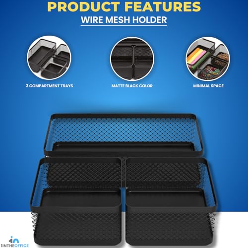 1InTheOffice Mesh Collection Desk Drawer Organizer Tray 3 Compartment - Stackable, Matte Black (2pack)