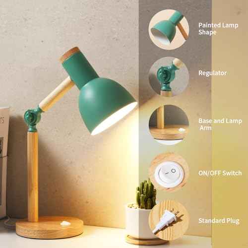 Table Lamp,Wooden Adjustable Tri-Color Desk & Bedside Lamp for Office, Living Room, Bedroom & Kids Room (Green)