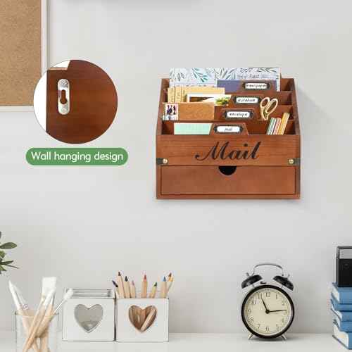 Wood Mail Organizer Countertop, Desktop Mail Organizer with 4 Compartments and Drawer, Mail Holder File Organizer Wall Mount, Desk Accessories & Workspace Organizers, File Paper Holder