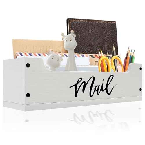 White Wooden Mail Organizer Countertop - Mail Organizer Wall Mounted, Office Mail Holder, Desktop Mail Basket for Counter, Letter Holder Box for Home Office Decor (White +Black Mail, 3.15")