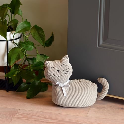 Kitty Cat Door Stops, Set of 2, Bow Collars, Grey and Brown Corduroy Fabric, Weighted, 11.75 Inches