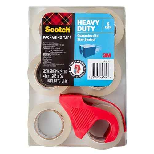 Scotch Heavy Duty Shipping Packing Tape, Clear, Holiday Shipping Supplies, 1.88 in. x 22.2 yd., 6 Tape Rolls with 1 Dispenser
