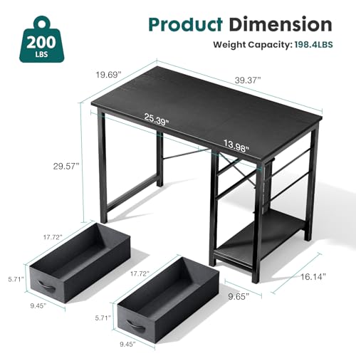 Sweetcrispy Ink 40-Inch Black Computer Desk with Drawers, Office Workspace