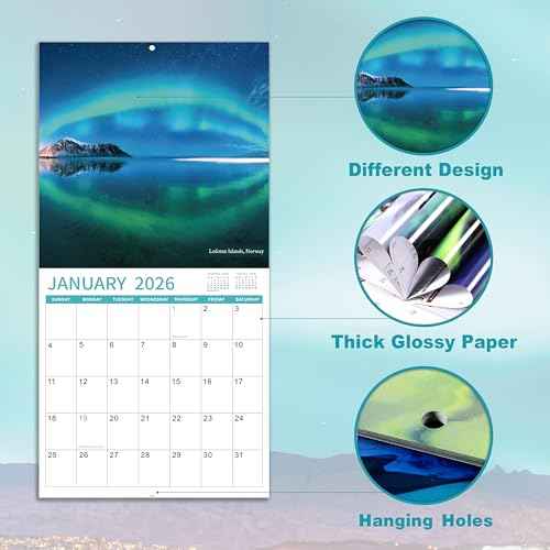 2026 Wall Calendar - Calendar 2026, Northern lights Calendar, January 2026 - December 2026, 12" x 24" (Open), 12 Months Wall Calendar 2026 with Hanging Holes, Large Blocks