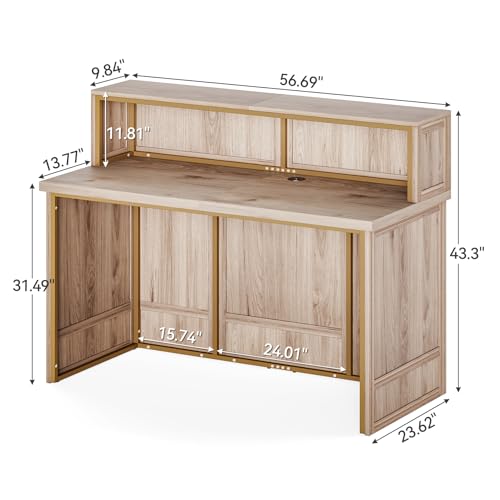 LITTLE TREE 57-Inch Reception Counter, Boho Style Front Desk, Modern Checkout Counter, Reception Desk for Retail, Lobby, Salon, Office, Oak