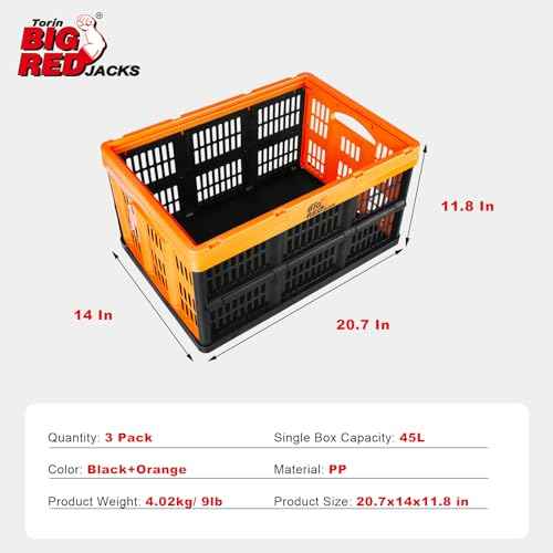 BIG RED Collapsible, Foldable, Stackable Storage Milk Crate Baskets with Handles: Ideal for Organizing Tools, Books, Food, Drinks, Camping & Transport - 45L, Red/Black (3 Pack)