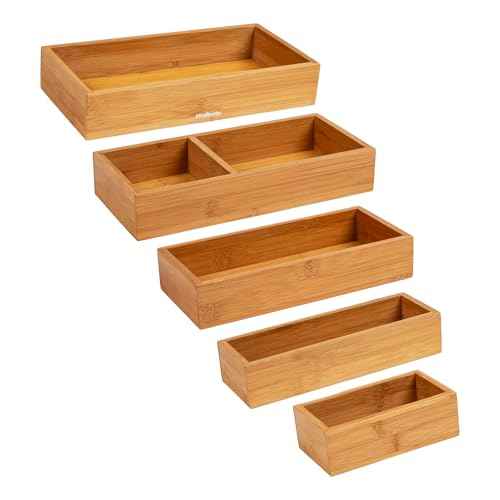 Mind Reader 7-Piece Bamboo Drawer Organizer Set, Storage Trays for Kitchen, Bathroom, Office, Makeup, Jewelry & More, Utensil Holder, Rayon from Bamboo, 21" L x 13.875" W x 2.375" H, Brown