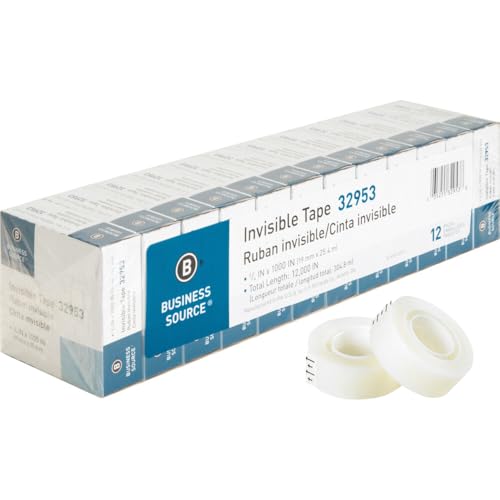 Business Source Premium Invisible Tape Pack of 12 - Disappears on Paper, Easy to Handle, Photo-Safe, 1" Core