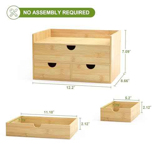 Wisuce Desk Organizer with Drawers - Bamboo Desktop Organizer Storage-Natural Wood Desk Drawers Organizer for Bills, Office Supplies, Cosmetics, Seals No Assembly Required (3 Drawers£¨top-bottom))