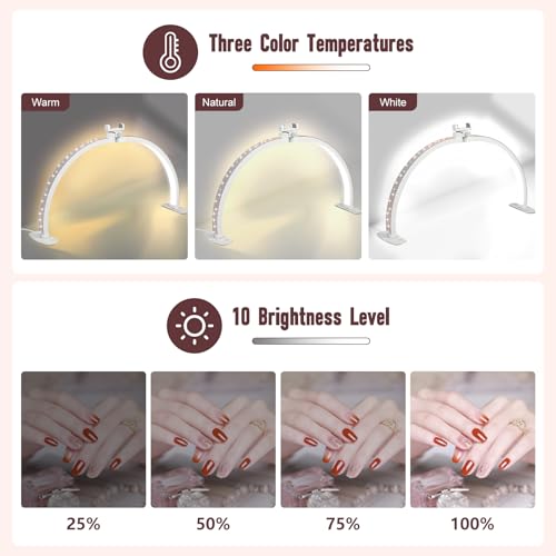 Half Moon Light for Nail Desk with Phone Holder, 29IN Folding Half-Moon Light with Shinning Diamond, LED Lamp for Nail Art, Eyelash Extension, Tattooing, Skin Management, Color Temperature 3000-6500K