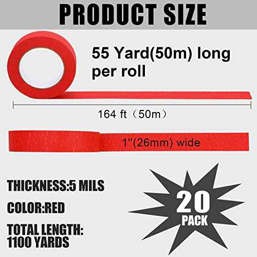 Fainne 20 Rolls Red Painters Masking Tape Bulk Roll 1 Inch x 55 Yard, General Purpose Paint Tape Removable Adhesive Multi Surface Paper for Painting Labeling Back to School Supplies(Red)