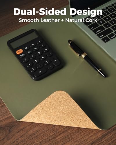 Aothia Dual-Sided Desk Mat - Natural Cork & Leather, Large 25.6"x13.7", Olive Green