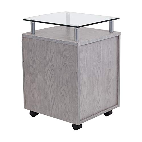 2-Drawer Rolling File Cabinet with Lock and Glass Top, Under Desk File Cabinet with Wheels, Printer Stand, Grey