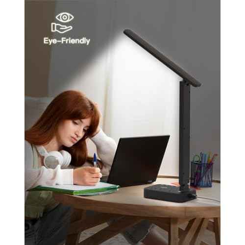 Addtam LED Desk Lamp, Power Strip with 3 Outlets 4 USB Charging Ports(2 USBC), 4 Modes 5 Level Brightness Touch Lamp, Small Desk Lamp for Home Office College Dorm Room Essentials