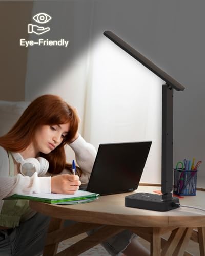 Addtam LED Desk Lamp with 4 Modes & USB Power Strip - Black, 5 FT Cord