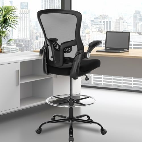 Luckyear Ergonomic Drafting Chair Tall Office Stool with Footrest, Mesh Back & Flip-Up Arms