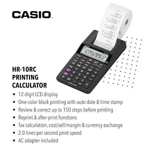 Casio HR-10RC Mini Desktop Printing Calculator - Black, Business & Office