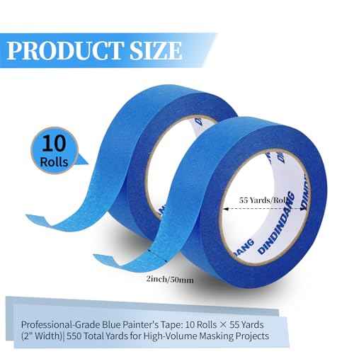 10 Rolls Painters Tape 2 Inch Wide Bulk, No Residue Blue Paint Tape 2 Inches x 55 Yards, Easy-Release Masking Tape for Painting Walls, Baseboards and Home Renovation