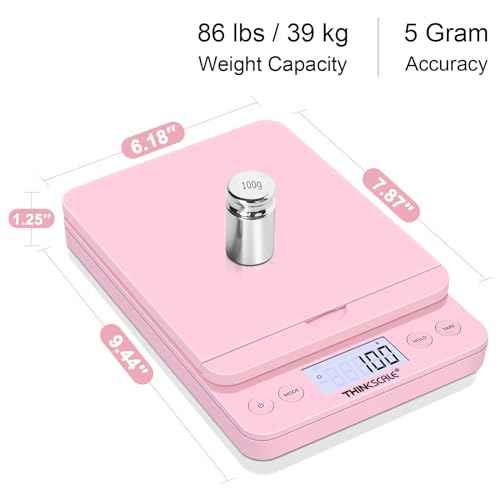 THINKSCALE Shipping Scale, 86lb/0.1oz Postal Scale-Candy Pink Style, Hold/Tear Function, Flip up Holder Postage Scale, Digital Scale for Packages Small Business and Mails, Battery & AC Adapter