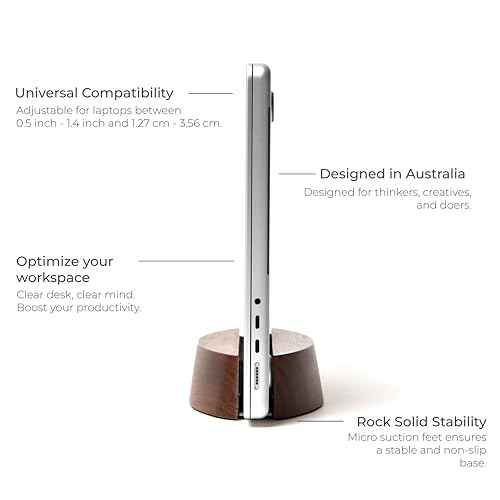 Nordik Adjustable Vertical Laptop Stand - Walnut - Premium Laptop Holder for Home Office, Software Engineers - Space Saving Desk Laptop Dock - Stable Non-Slip Wood Stand - MacBook Pro