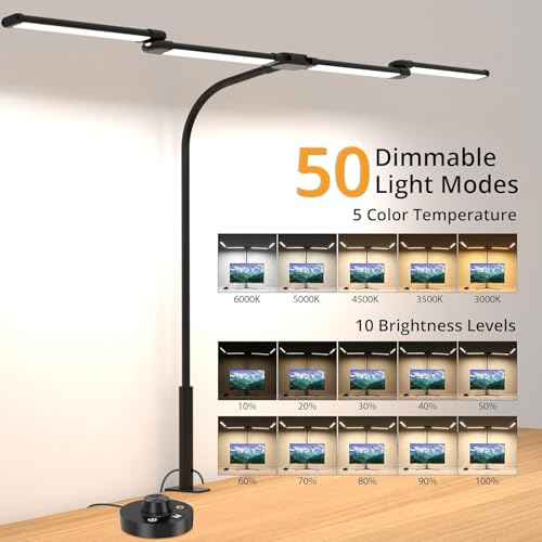 Desk Lamp, Clamp Desks Lamps for Home Office, 24W Flexible Gooseneck Table Lamp, 10 Color Modes & Brightness Eye-Caring Desk Light w/USB Adapter (12V2A Black)
