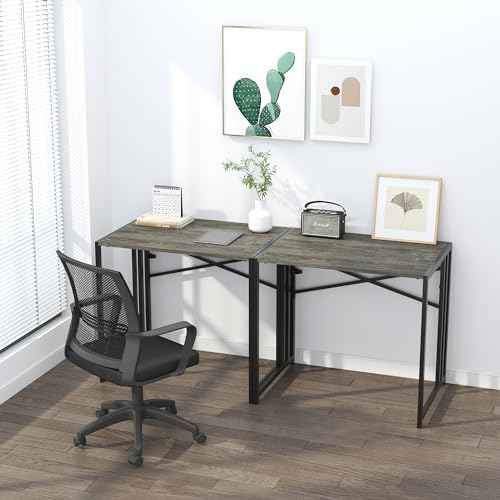 32 inch Small Folding Desk, Writing Gaming Computer Camping Desk for Small Spaces, No Assembly Required Home Office Desk, Black Oak