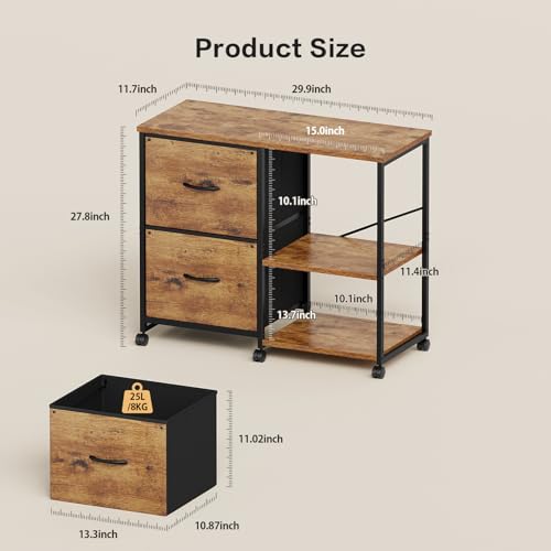 2-Drawer Fabric Lateral File Cabinet with Wheels, Rolling Printer Stand with Open Storage Shelf for Home Office, Rustic Brown