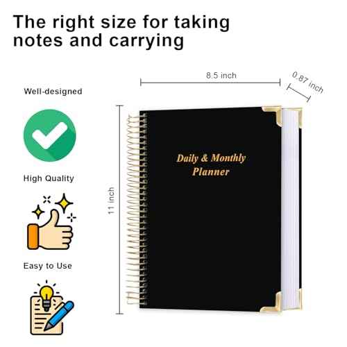 Undated Daily Monthly Planner for 2025 2026 - A4 To Do List with Hourly Schedule, Hardcover Spiral Bound Daily Planner to Increase Focus, Stylish School/Office Supplies, 8.5" x 11", Black