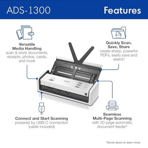 Brother ADS-1300 Current Model Compact Desktop Scanner - 30ppm Double-Sided USB Scanner
