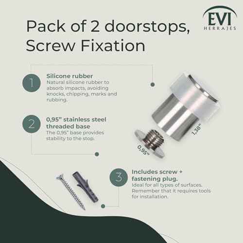 Pack of 2 EVI Door Stoppers | Stainless Steel Door Stopper - Screw Fastening - White Rubber Protector - 0.95 x 1.38 Inch Door Stop