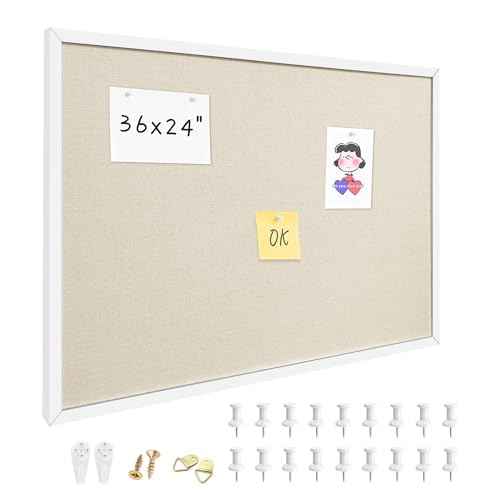24x36 Inch Cork Board for Wall Hanging with Linen, Bulletin Board with Push Pins, Mounted Memo Message Board for Home Office Decor, Dorm Room Essentials, Classroom Organization