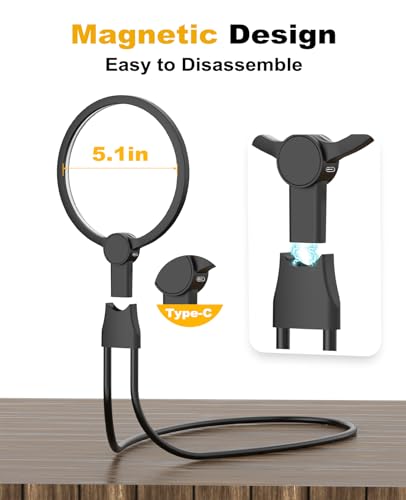 Black Hands-Free Magnifying Glass with Light, 5.12-inch Lens, USB Rechargeable