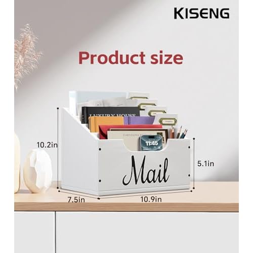 Mail Organizer Countertop, Desktop Mail Basket with 4 Slots, Wooden Mail Paper Holder, File Holders for Document Envelopes and Bills, Large Mail Holder and Classroom Mailbox for Office Home
