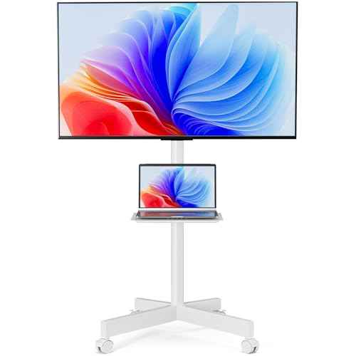 Mobile TV Stand for 23-65 Inch LCD LED Flat/Curved Panel Screen TVs, Height Adjustable Rolling TV Stand with Tilt Mount and Shelf, Portable Stand Holds up to 110 lbs, Max VESA 400x400mm, White