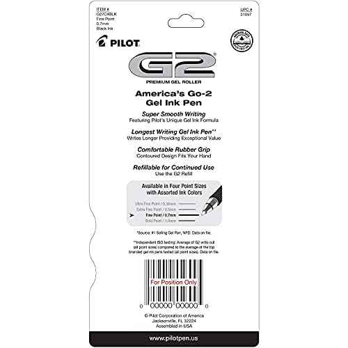 Pilot G2 Premium Gel Roller Pens 0.7, Fine Point Smooth Writing Pens Black, Pack of 4