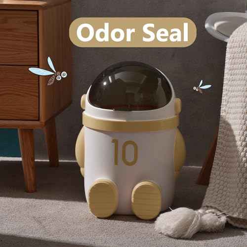 URALFA Astronaut Trash Can, 12 Liter /3.2 Gallon Bathroom Trash Can with Lid, Cute Trash Bin for Kids, Plastic Garbage Can with Swing Lid, Spaceman Wastebasket for Bedroom, Dorm, Living Room, Khaki