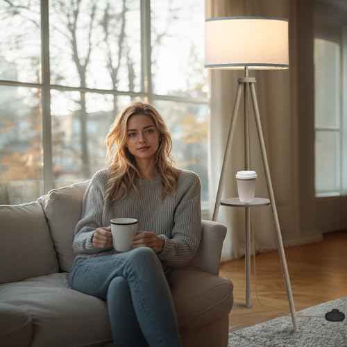 Floor Lamps for Living Room, Modern Standing Lamp with Shelf, 3 Color Temperature Led Bulb Tall Lamps with Foot Switch for Bedroom and Office, Grey